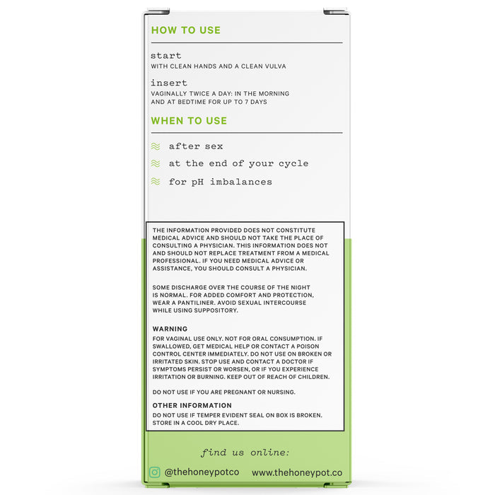 The Honeypot Companys Suppositories + Applicator box features sections on How to Use and When to Use, along with medical advice notes, especially for products supporting vaginal pH balance. Discontinue use if discomfort occurs. Social media and website links are provided at the bottom.