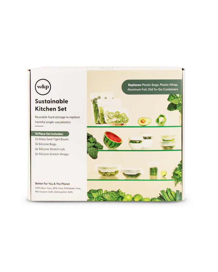 W&Ps Sustainable Kitchen Set packaging highlights silicone food storage items, complemented by fresh produce images. This eco-friendly set includes reusable stretch lids designed to replace plastic bags and wraps.