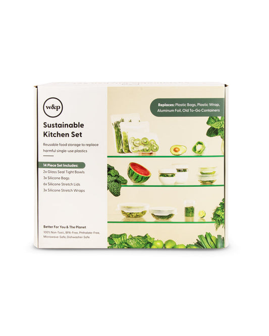 W&Ps Sustainable Kitchen Set packaging highlights silicone food storage items, complemented by fresh produce images. This eco-friendly set includes reusable stretch lids designed to replace plastic bags and wraps.
