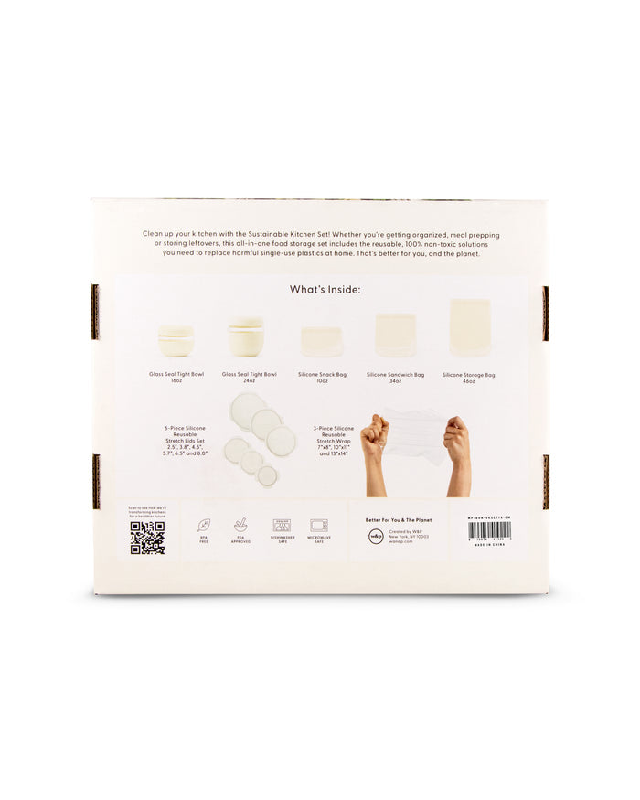 The back of the W&P Sustainable Kitchen Set box features diagrams of glass jars with bamboo lids, silicone bags, and borosilicate glass stretch lids. Text highlights eco-friendly features, and a QR code is available for more information.