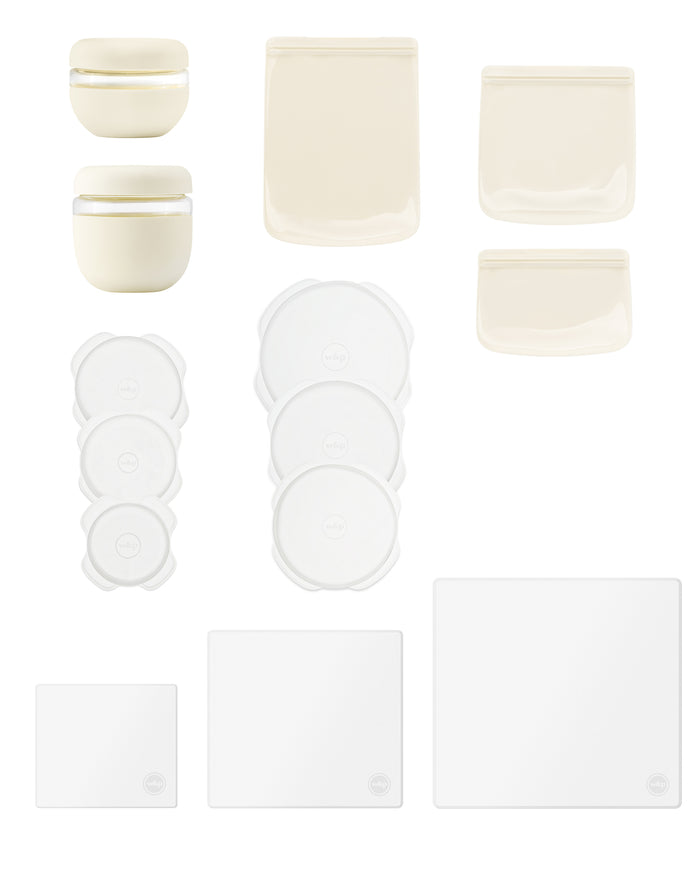 The W&P Sustainable Kitchen Set includes white and cream food storage options with borosilicate glass round nesting containers, resealable bags, and various-sized square lids, perfect for eco-conscious organization.