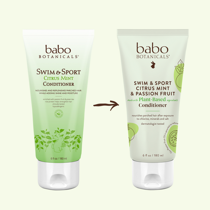 Two 6 fl oz Babo Botanicals Swim & Sport Conditioner tubes are shown: the left is Citrus Mint, and the right is Citrus Mint & Passion Fruit, with plant-based, sustainably sourced passion fruit oil, both designed to nourish hair.