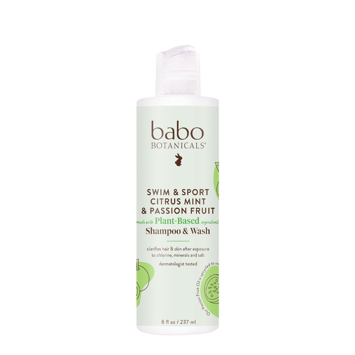 The 8 fl oz bottle of Babo Botanicals Swim & Sport Shampoo and Wash purifies with its hypoallergenic, plant-based formula, clarifying hair after chlorine, minerals, and salt exposure.