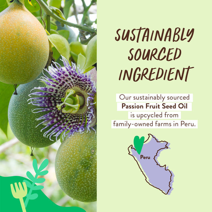 Close-up of passion fruits on a vine and a detailed flower, highlighting the sustainably sourced Peruvian passion fruit seed oil in Babo Botanicals Swim & Sport Shampoo and Wash. A heart icon on a Peru map emphasizes its origin from family-owned farms. Hypoallergenic formula included.