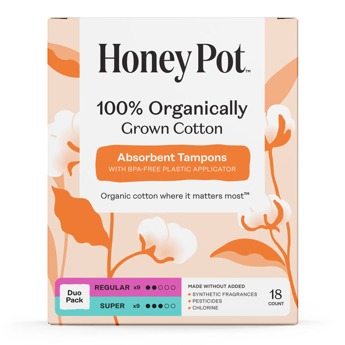 The Honeypot Company Duo Pack Tampons, made with 100% organic cotton and BPA-free applicators, feature a cotton-themed design and include 18 regular and super absorbency tampons.