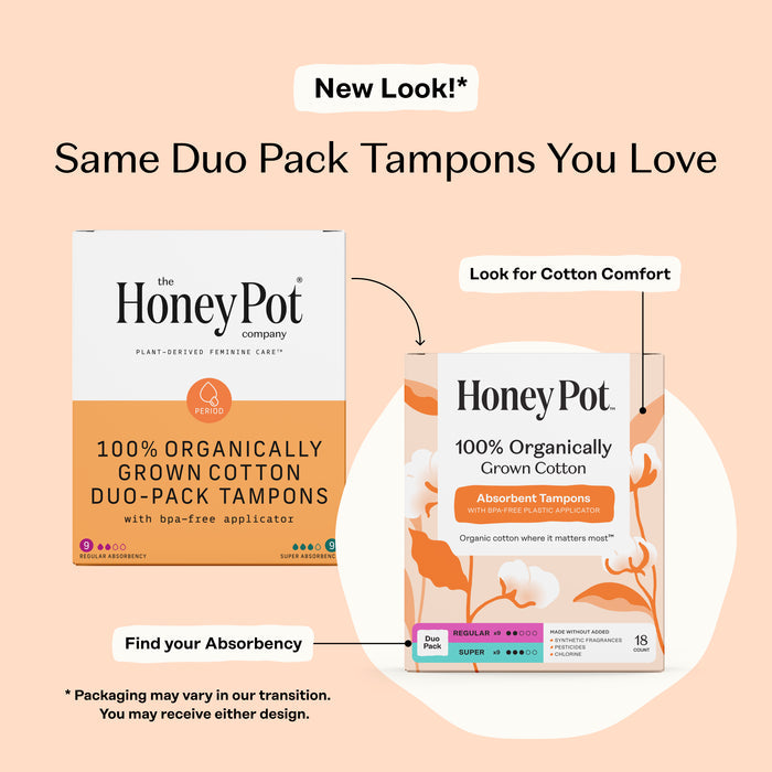 Two boxes of The Honeypot Company Duo Pack Tampons are displayed in new packaging, featuring labels like “Find your Absorbency,” “Cotton Comfort,” and the option for a Tampon Variety Pack.