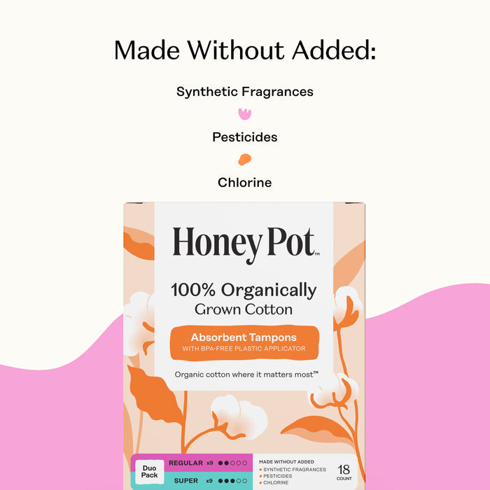 An image of a box of The Honeypot Company Duo Pack Tampons with text above: Made Without Added Synthetic Fragrances, Pesticides, or Chlorine. Soft pink and orange hues create the background.