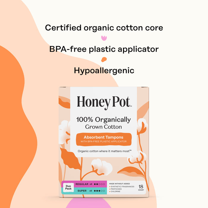A box of The Honeypot Company Duo Pack Tampons is shown. Text above highlights certified organic cotton core, BPA-free plastic applicator, and hypoallergenic features. The box contains 18 regular absorbency natural tampons.