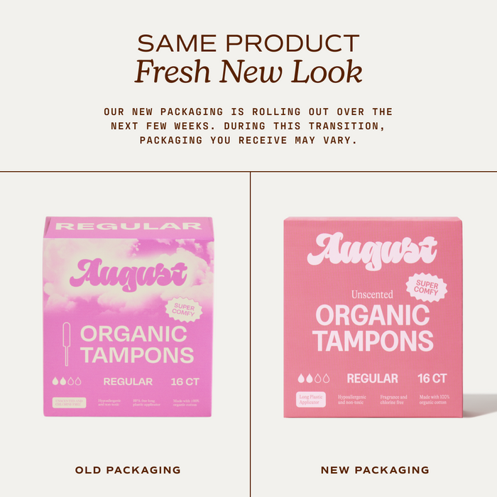 Two boxes of August Regular Tampons are shown side by side: the left with old patterned pink packaging and the right with new bold pink design. A headline announces a fresh new look for these hypoallergenic tampons.