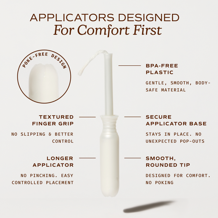 The August Regular Tampon is shown with a white BPA-free applicator featuring a poke-free rounded tip, textured finger grip, secure base, and longer design for comfort—ideal for organic cotton and hypoallergenic tampons.