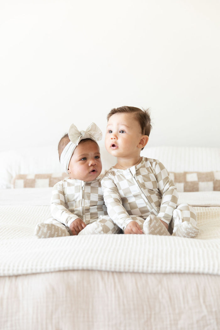 TAN + WHITE CHECKER | FOOTIE ONE PIECE