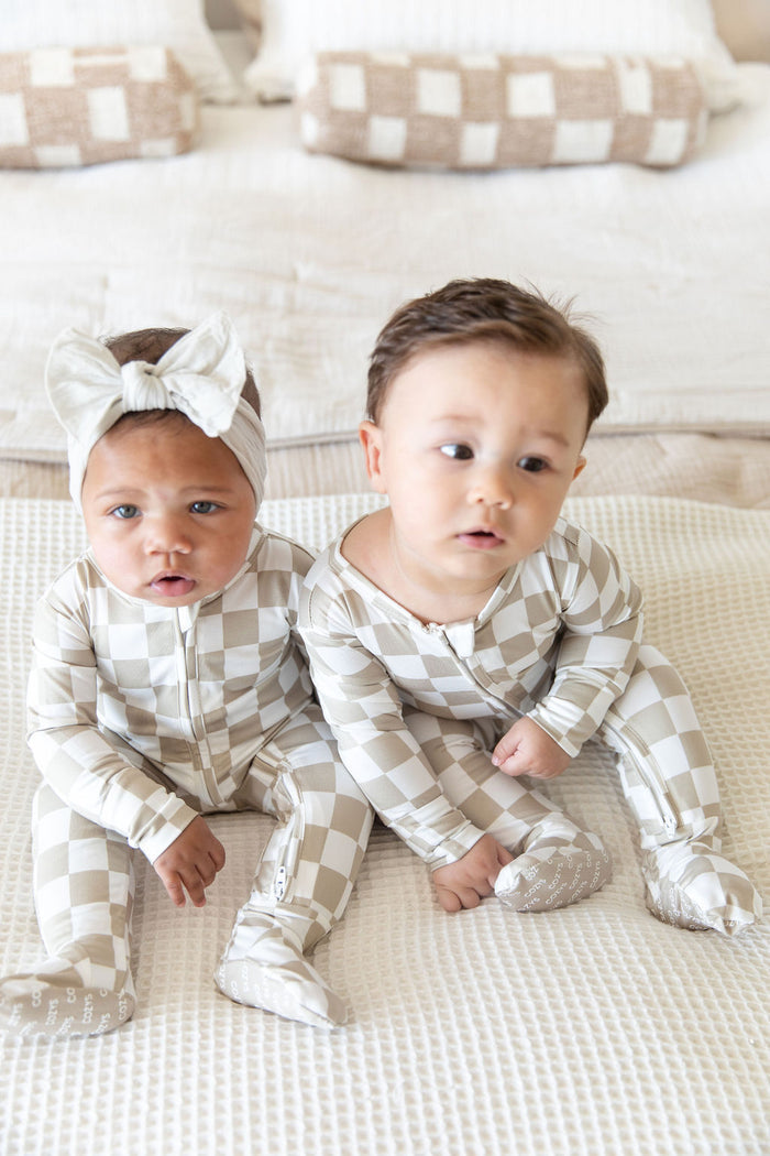 TAN + WHITE CHECKER | FOOTIE ONE PIECE