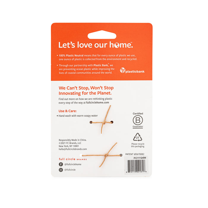 The Tater Mate packaging by Full Circle emphasizes its 100% Plastic Neutral sustainability, promoting planetary innovation. It includes instructions on using the scrubber for meal preparation and potato eye removal, contact information, and features the brands logo with two secured cords.