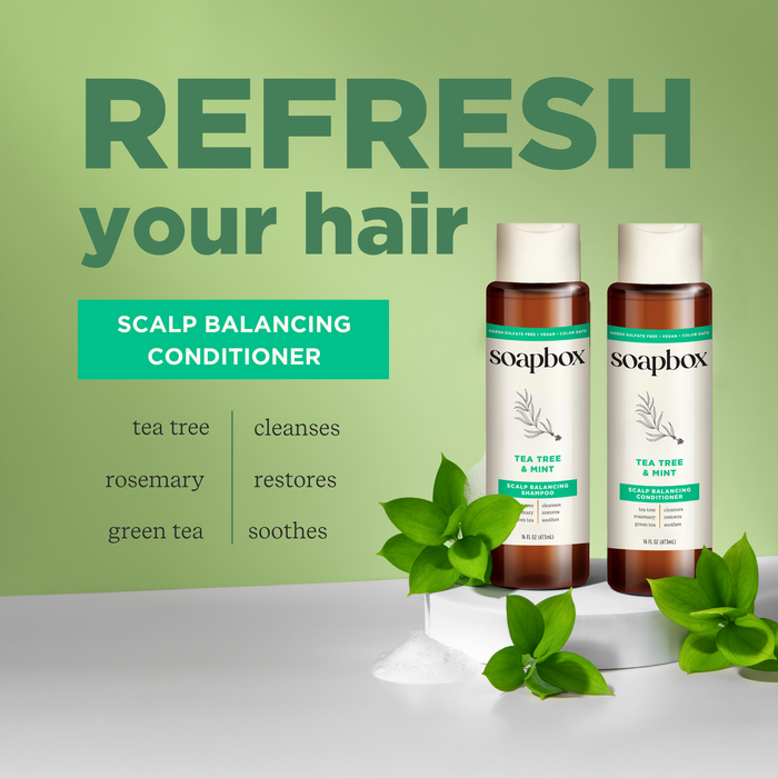 Two Soapbox Tea Tree & Mint Scalp Balancing Conditioner bottles are set against a green backdrop. With lightweight hydration and a 5X vitamin complex, it cleanses, restores, and soothes using tea tree oil, rosemary, and green tea. Green leaves complete the setting.