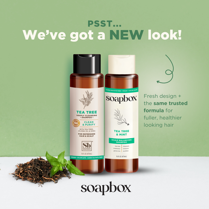 Two Soapbox Tea Tree & Mint Scalp Balancing Shampoo bottles are set against a light green background with text: Psst... Weve got a new look! The message highlights: Fresh design + the same trusted formula, now balancing scalp and hair for fuller, healthier-looking hair. Loose tea leaves and mint surround the bottles.