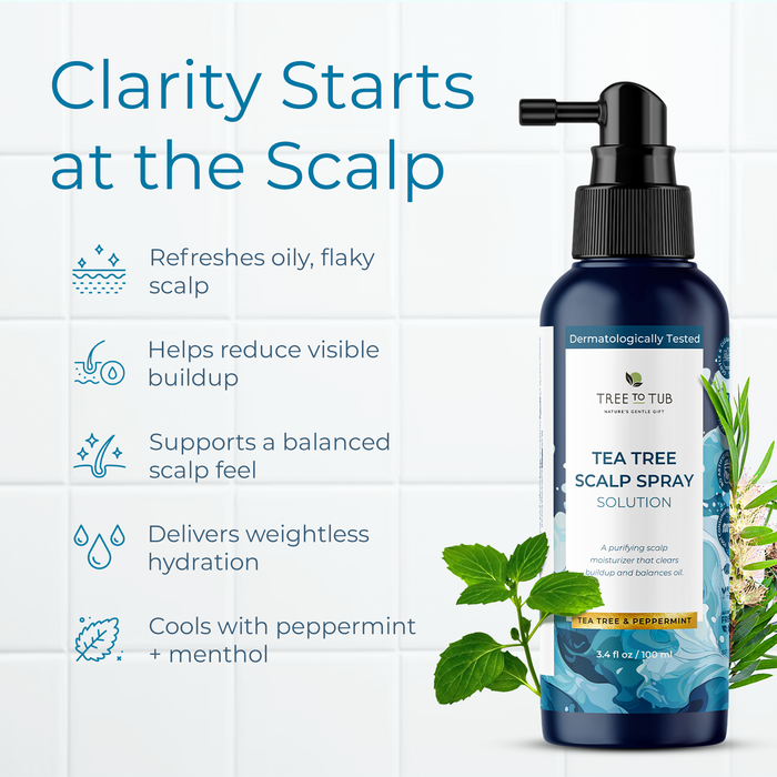 A bottle of Tree To Tub Instant Relief Calming Scalp & Hair Spray rests on tile with mint leaves, highlighting benefits like soothing dry, itchy, or flaky scalp, reducing buildup, refreshing oily roots, and cooling hydration from peppermint.
