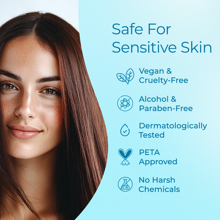 A woman with long brown hair and clear skin smiles softly. Next to her: Tree To Tub Instant Relief Calming Scalp & Hair Spray—safe for sensitive skin, dermatologically tested, PETA approved—ideal for dry, itchy, or flaky scalps.