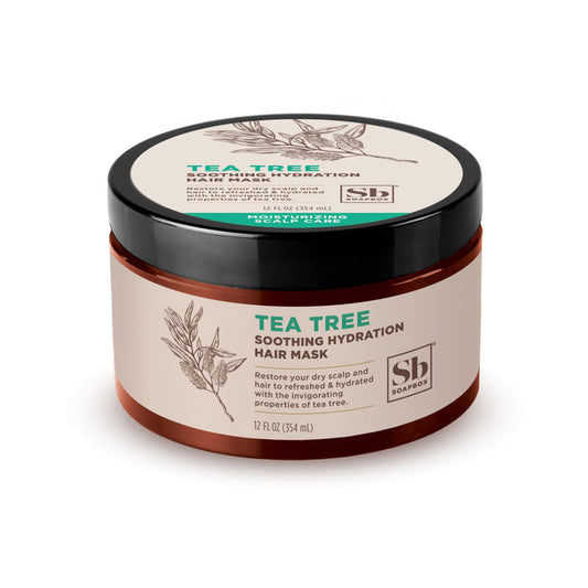 The 12 oz brown Soapbox Tea Tree Soothing Hydration Hair Mask jar, featuring a black lid and tea tree botanical illustration, is designed to refresh and hydrate dry scalp and hair.