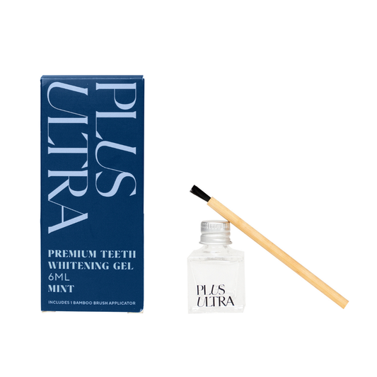 The image shows Plus Ultras Teeth Whitening Gel + Bamboo Applicator. It includes a 6ml Natural Mint flavored whitening gel for sensitive teeth, a clear bottle of gel, and a bamboo brush applicator. The packaging is blue with white text.