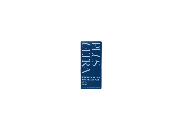 A blue box with PLUS ULTRA in large white letters and below it, Premium Teeth Whitening Gel for Sensitive Teeth. Contains 8ML Mint, includes a bamboo applicator.