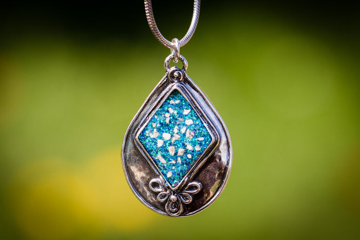 Textured Pear Pendant with blue opal. necklace for ash, necklace for pet ash, silver cremation jewelry, remembrance jewelry