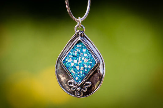 Textured Pear Pendant with blue opal. necklace for ash, necklace for pet ash, silver cremation jewelry, remembrance jewelry