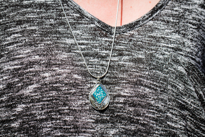 Textured Pear Pendant with blue opal. necklace for ash, necklace for pet ash, silver cremation jewelry, remembrance jewelry
