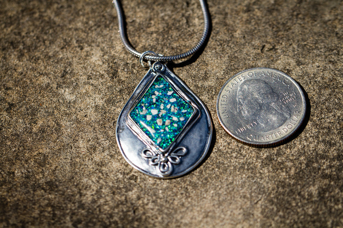 Textured Pear Pendant with blue opal. necklace for ash, necklace for pet ash, silver cremation jewelry, remembrance jewelry