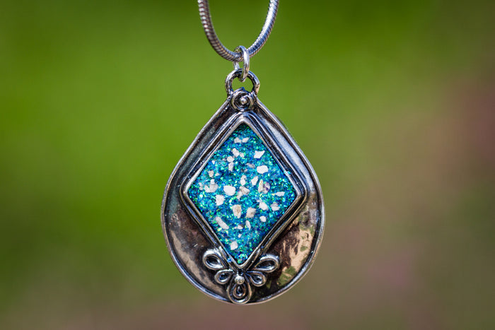 Textured Pear Pendant with blue opal. necklace for ash, necklace for pet ash, silver cremation jewelry, remembrance jewelry