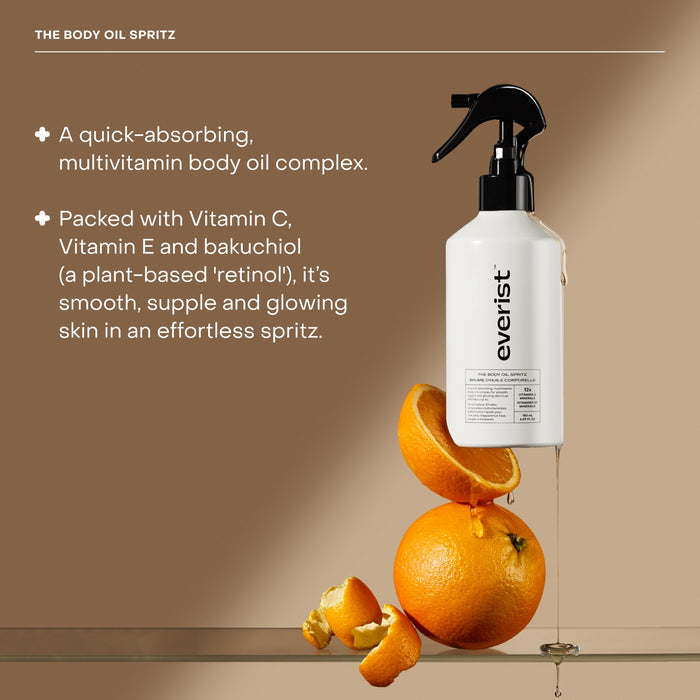 A bottle of Everist The Body Oil Spritz is shown with oil dripping from its nozzle onto a sliced orange, emphasizing its fast-absorbing, multivitamin blend with Vitamin C, nourishing Bakuchiol, and Vitamin E.