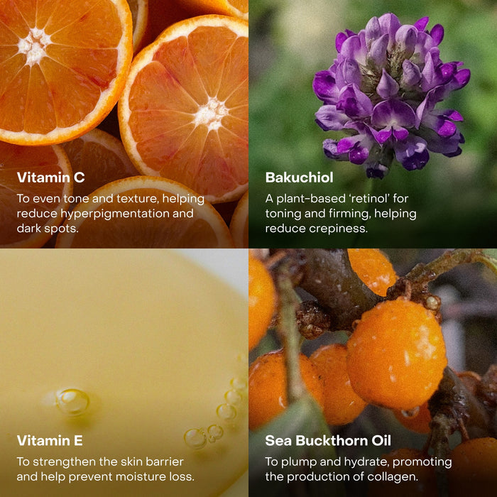 A grid of four images showcases The Body Oil Spritz by Everist: orange slices for Vitamin C, a purple flower for Bakuchiol, yellow oil droplets for Vitamin E-rich body oil, and sea buckthorn berries for Sea Buckthorn Oil—each with unique skin benefits.