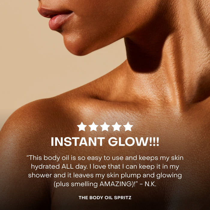 A close-up of a womans glowing bare shoulder and neck in warm light. Below, a five-star review praises Everist’s The Body Oil Spritz for its hydration, easy application, and radiant finish—infused with Bakuchiol for added skin benefits.