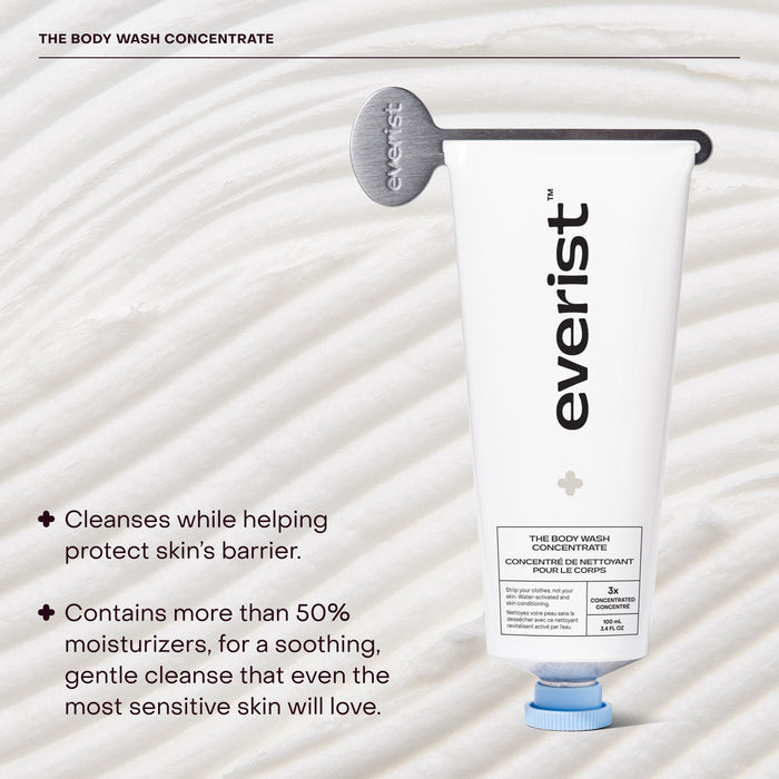 A white tube of Everist The Body Wash Concentrate rests on a wavy cream backdrop. Its text highlights gentle, plant-based cleansing with 50%+ moisturizers to protect the skin barrier.
