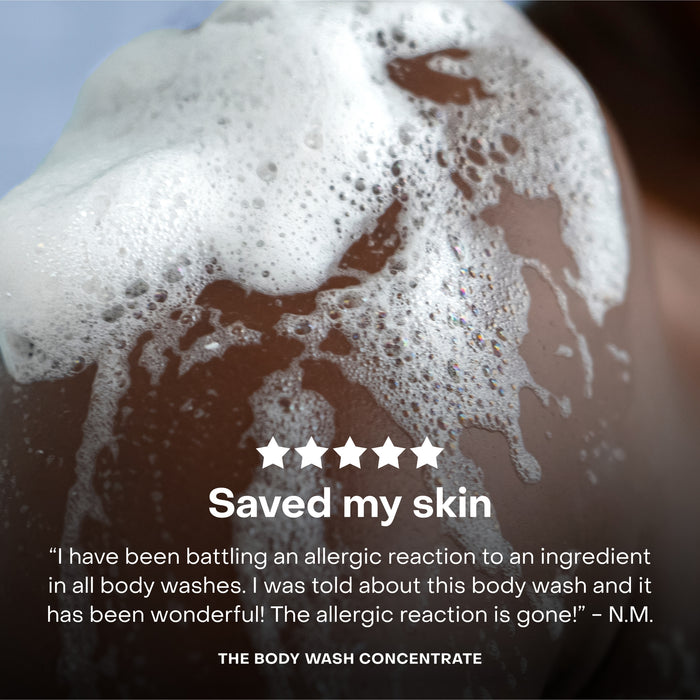 A close-up shows a shoulder being washed with foamy soap, overlaid with a five-star review praising The Body Wash Concentrate for soothing an allergic reaction. The brand name, Everist, appears at the bottom.