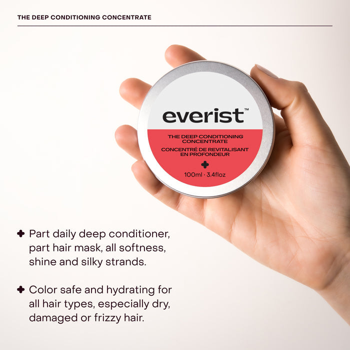 A hand holds the Everist Deep Conditioning Concentrate Tin. Text describes it as a color-safe daily deep conditioner and hair mask with natural rosemary oil, hydrating dry, damaged, or frizzy hair.