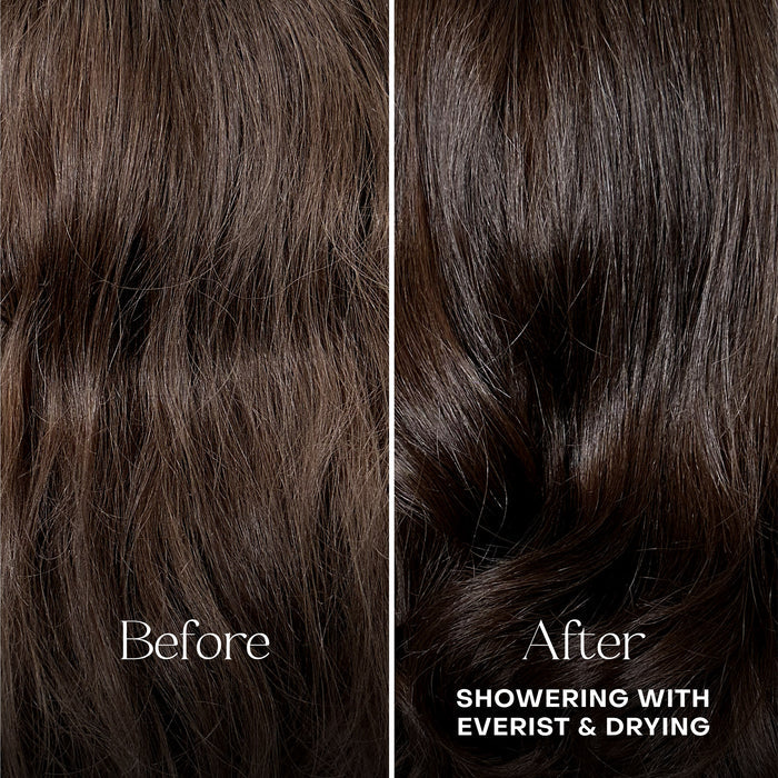 Side-by-side comparison of brown hair: Before shows frizzy, dull hair; after using Everists The Deep Conditioning Concentrate Tin, hair appears smoother, shinier, and healthier as part of a sustainable beauty routine.