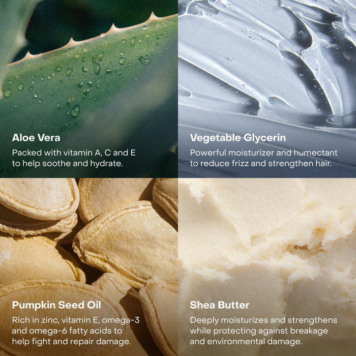 A four-panel image for Everist’s Deep Conditioning Concentrate Tin displays aloe vera, vegetable glycerin, pumpkin seed oil, and shea butter—each labeled with their hydrating and strengthening benefits for all hair and skin types.