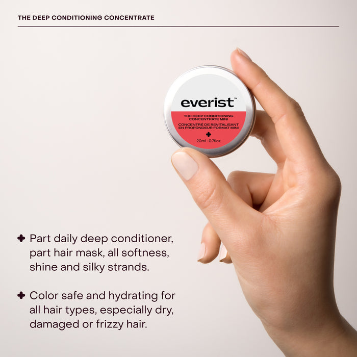 A hand holds a small round container of Everist The Deep Conditioning Concentrate Travel Mini. Text highlights its benefits: clean conditioner, daily deep treatment, hair mask, color safe, hydrating for all hair types—haircare meets skincare.