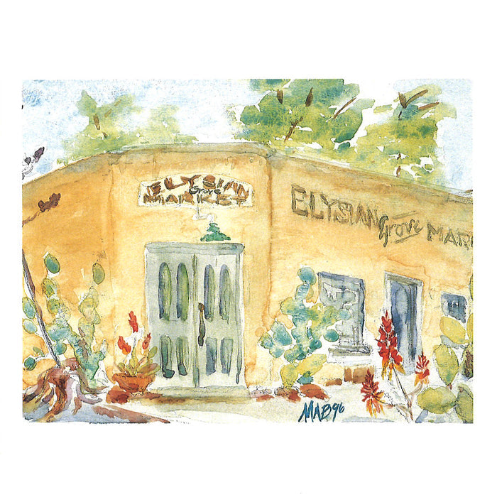 Blank notecard featuring a print of the watercolor painting&nbsp;"The Elysian Grove Market" in Tucson by local artist Martha Ames Burgess. On the reverse side of each card there is a detailed description of the subject. Card measures 4x5 inches and includes a white envelope.