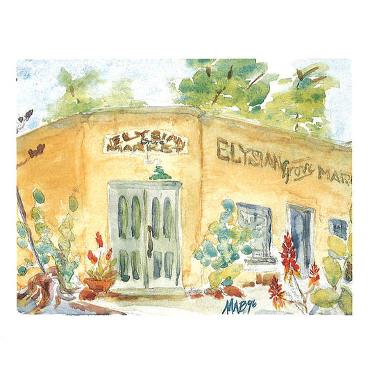 Blank notecard featuring a print of the watercolor painting&nbsp;"The Elysian Grove Market" in Tucson by local artist Martha Ames Burgess. On the reverse side of each card there is a detailed description of the subject. Card measures 4x5 inches and includes a white envelope.