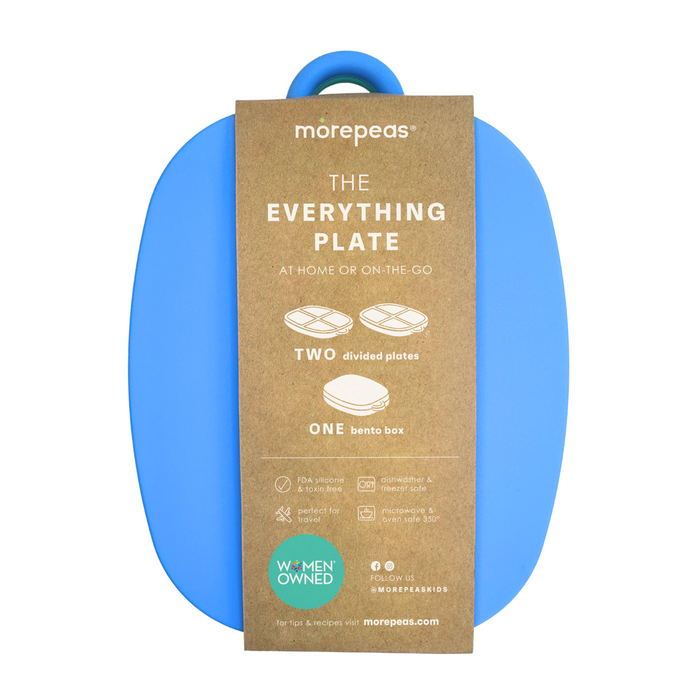 The image showcases The Everything Plate by morepeas, an oval blue item made from food-grade silicone. Women-owned and eco-friendly, it includes two divided plates and a bento box. A cardboard sleeve details product info.