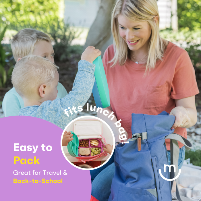 A woman in an orange shirt helps two young boys pack a container into a lunch bag. The text reads "Easy to Pack. Great for Travel &amp; Back-to-School" with a circular inset showing a packed lunch container.