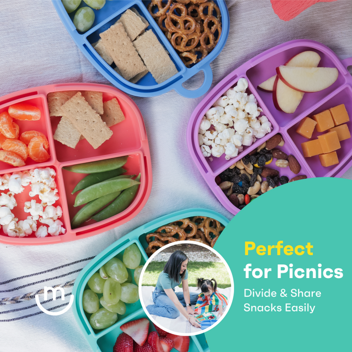 Four compartmentalized lunch boxes filled with assorted snacks like fruits, popcorn, pretzels, and crackers are shown. A circular inset features a person sitting on a picnic blanket with a child. Text reads "Perfect for Picnics - Divide &amp; Share Snacks Easily.