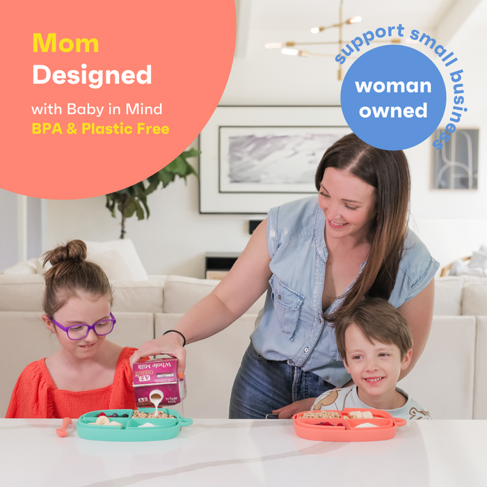A woman with two children at a table, serving food on colorful plates. Bright circles highlight phrases: "Mom Designed," "BPA &amp; Plastic Free," "support small business," and "woman owned." The setting is a cozy, modern kitchen.