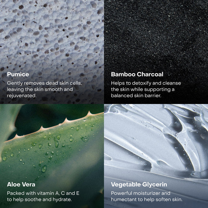 A grid of four close-up images showcases Everist’s The Exfoliating Body Wash Concentrate: pumice stone for exfoliation, bamboo charcoal, aloe vera leaf, and vegetable glycerin—each featuring text on their body care benefits.