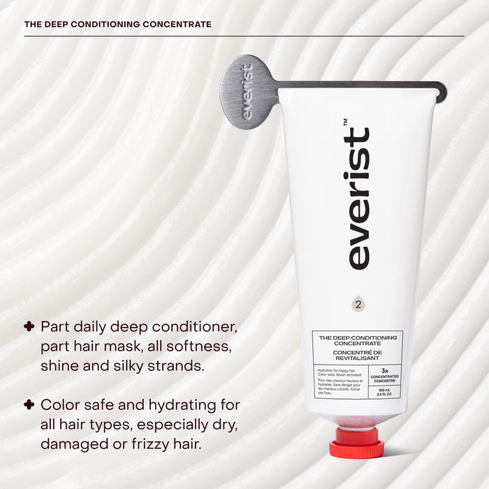 A tube from Everist’s The Haircare Meets Skincare Set rests on a textured white background, highlighting its bond repair technology for color-safe, hydrating haircare—ideal as a conditioner or mask for damaged or frizzy hair.
