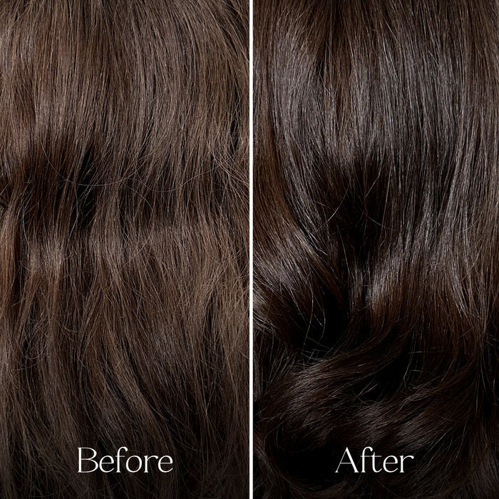 Side-by-side close-up of brown hair: left (Before) is frizzy and dry; right (After), smoothed and shiny with Everist’s The Haircare Meets Skincare Set, powered by bond repair technology.