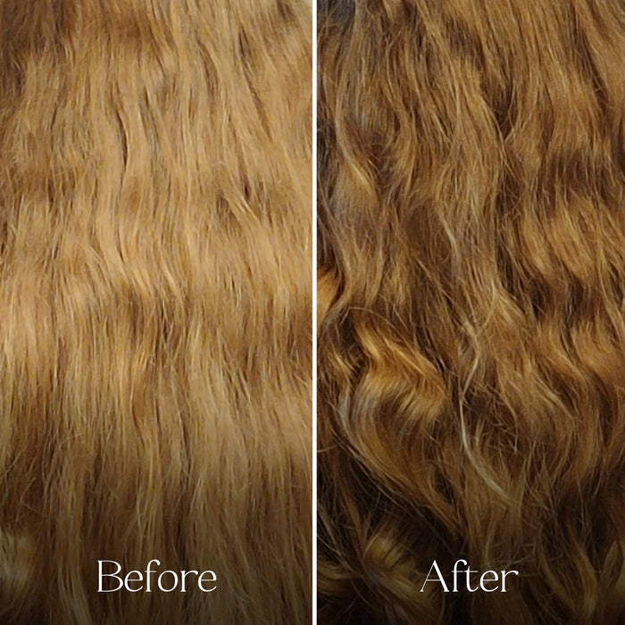 Side-by-side comparison of wavy brown hair labeled Before and After, showing defined, shiny waves—thanks to Everist’s The Haircare Meets Skincare Set with bond repair technology for healthier hair.