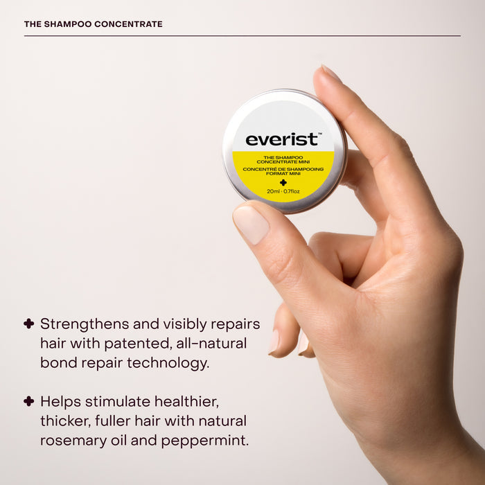 A hand holds a small tin of Everist The Shampoo Concentrate Travel Mini. Text beside highlights its plant-based formula, which repairs hair and promotes thicker, fuller strands with natural oils and peppermint.