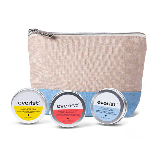 A beige and blue fabric zipper pouch from Everist sits behind three round tins of The Shower Essentials Travel Kit—shampoo concentrate, deep conditioner, and body wash concentrate—all neatly arranged in front.